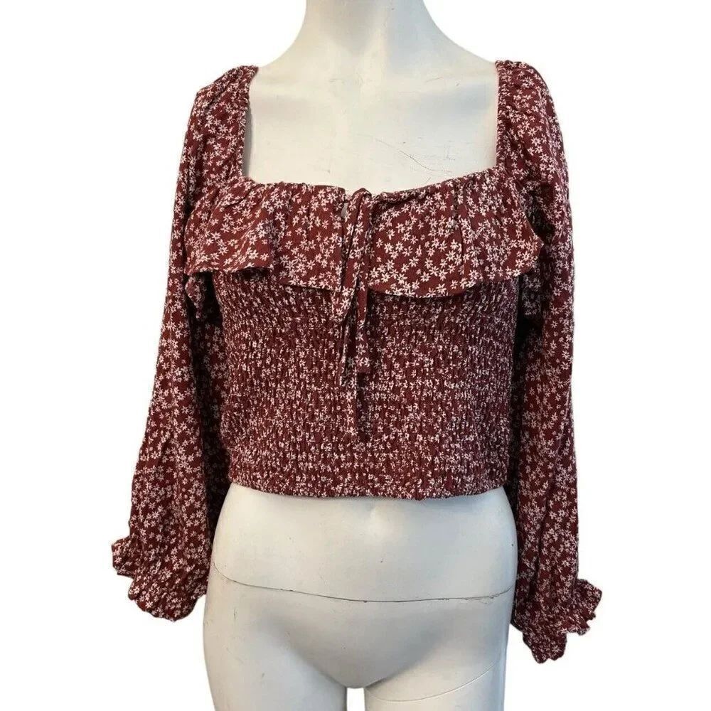 Juniors Large Cropped Top Long Sleeve Elastic Ruffled Top Rust indigo Rising
